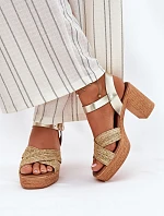 Kožené Sandály Na Podpatku S Pletením Na Páscích Zazoo 40460 Zlaté