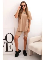 Dámský bavlněný komplet s krátkým rukávem a šortkami velbloud Dámský bavlněný komplet s krátkým rukávem a šortkami velbloud