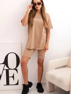 Dámský bavlněný komplet s krátkým rukávem a šortkami velbloud